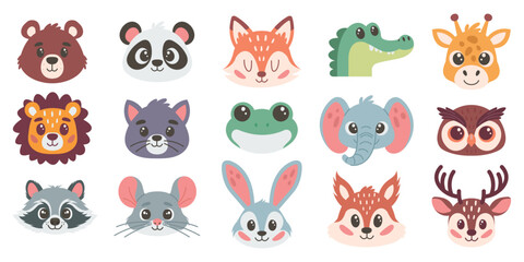 Obraz premium Set of cute cartoon animal heads. Vector illustration on a white background