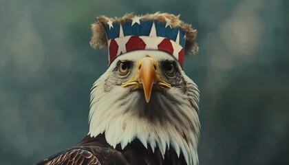 Bald Eagle Wearing a Patriotically Themed Hat Looking Directly at the Camera