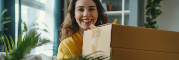 A satisfied housewife unpacks a delivery order, smiling happily at her new purchase.
