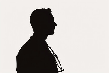 A silhouette of a doctor with a stethoscope around the neck set against a plain white background emphasizing medical professionalism