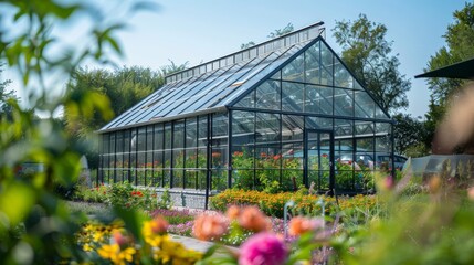 Obraz premium Residential glasshouse with integrated eco-friendly systems, surrounded by a blooming garden, showcasing green technology, no people, focus cover all object, deep dept of field