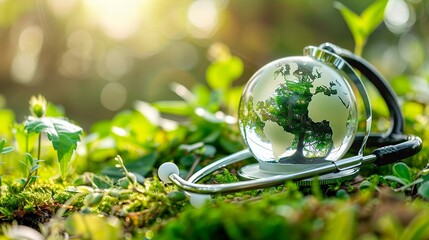 stethoscope and earth in the grass on a tree