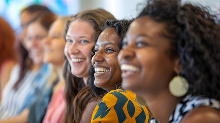 Diverse and inclusive group of colleagues smiling at a team building workshop, representing workplace inclusion and diversity concept