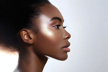 Naklejka premium Black woman, facial profile and beauty in studio, isolated white background and mockup, Female model, face side and dermatology for skincare, aesthetic makeup and natural cosmetics for salon wellness