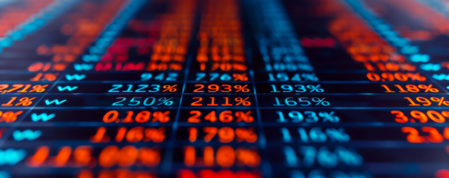 Close-up view of a digital stock market trading board displaying various financial data, numbers, and trends in vibrant colors.
