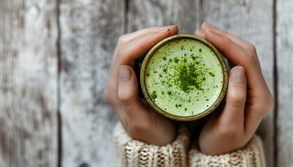 Naklejka premium Woman's hands holding a cup of matcha latte, close-up view from above, stock photo for an advertising banner, high resolution photography in the style of stock photo.