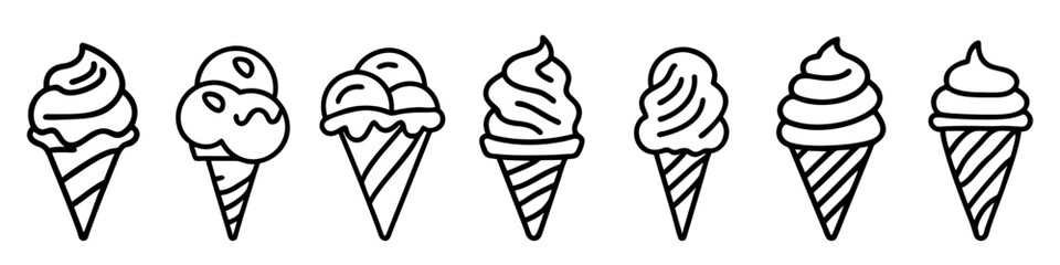 Ice cream icon. Set of drawn linear ice cream icons representing pleasure and delectationt. Vector illustration