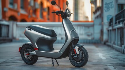 A premium electric scooter with a sleek design, set against an urban backdrop.