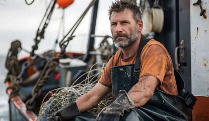 A portrait of an extremely attractive and confident fisherman in his mid-forties, wearing black waders overalls with an orange shirt underneath