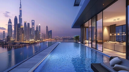 Obraz premium Luxurious modern apartment featuring a stunning infinity pool with breathtaking city skyline views at dusk.