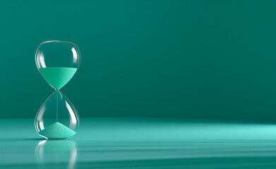 Hourglass with blue sand flowing against a blurred turquoise background.