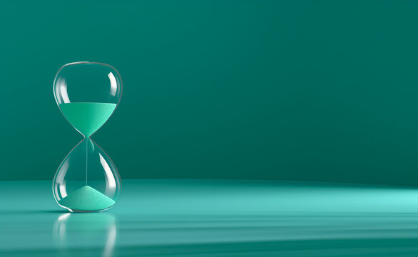 Hourglass with blue sand flowing against a blurred turquoise background.