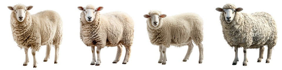Fototapeta premium Four different breeds of sheep standing in a row, showcasing their unique wool textures and body structures against a white background.