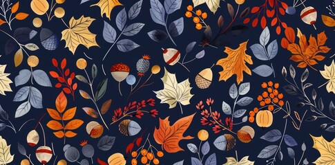 Autumn Leaves and Berries Seamless Pattern