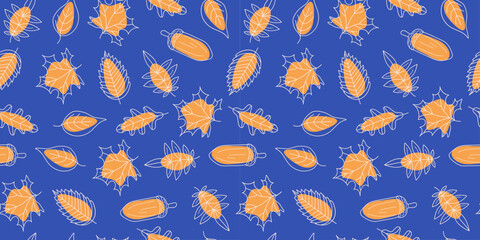 Set of autumn leaves and acorns. Leaf fall pattern, natural linear icons. Autumn season. Drawing, doodles. Vector seamless background.