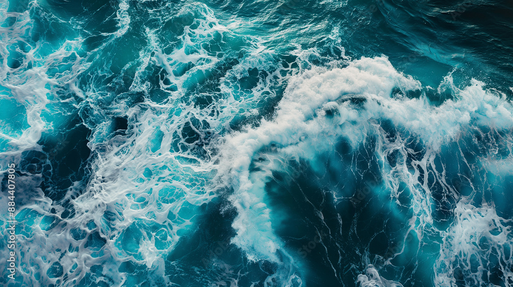 Poster aerial view of powerful ocean waves crashing into each other, creating dramatic white foam.