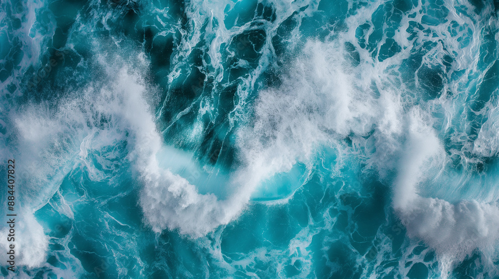 Poster aerial view of powerful ocean waves crashing into each other, creating dramatic white foam.