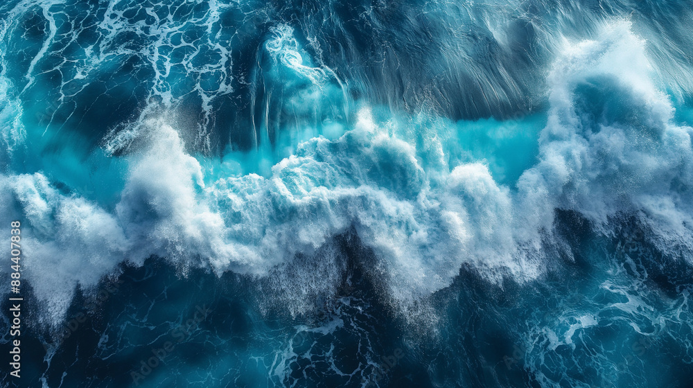Poster aerial view of powerful ocean waves crashing into each other, creating dramatic white foam.