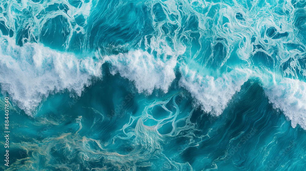 Poster aerial view of powerful ocean waves crashing into each other, creating dramatic white foam.