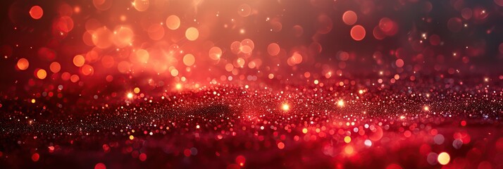 Shiny shining red sparkles, macro photo and blurred bokeh, background for Christmas, birthday and new year