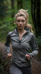 Obraz premium A portrait of an attractive woman in her early twenties, running outdoors on the trails wearing sportswear and grey track suit with hood , blonde hair, looking at camera, 