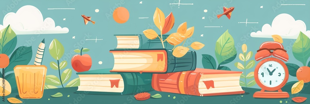 Poster a book stack with a clock and a cup on the bottom