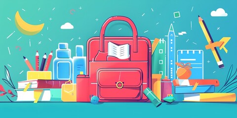 A red bag with a book and other school supplies