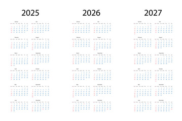 Set of Calendars 2025, 2026, 2027 years, simple design template, vertical format, week starts on Sunday, vector illustration
