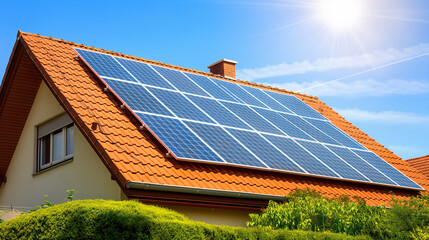 A house with solar panels on the roof under bright sunlight.
