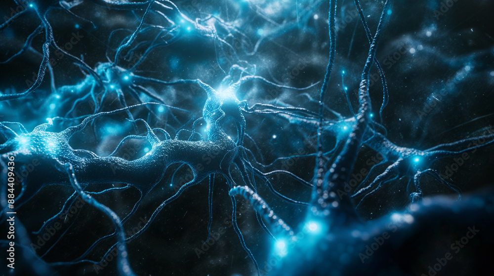 Aufkleber an artistic rendering of neurons with glowing blue synapses against a dark background.