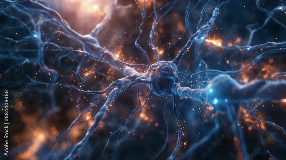Poster an artistic rendering of neurons with glowing blue synapses against a dark background.