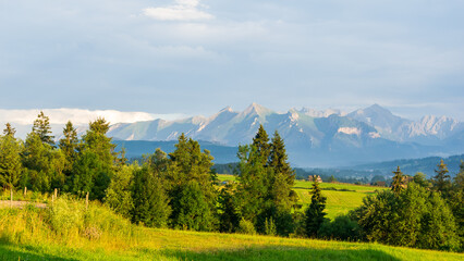 view of the Polish Tatra Mountains at sunset