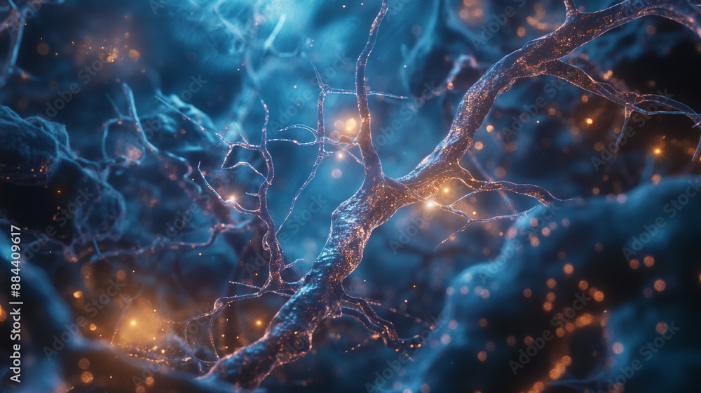 Poster an artistic rendering of neurons with glowing blue synapses against a dark background.