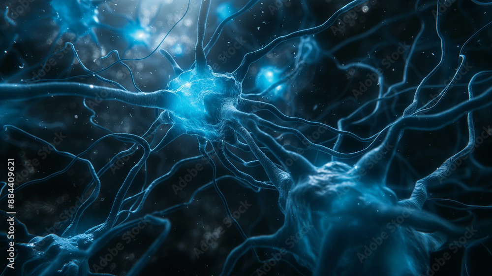 Aufkleber an artistic rendering of neurons with glowing blue synapses against a dark background.