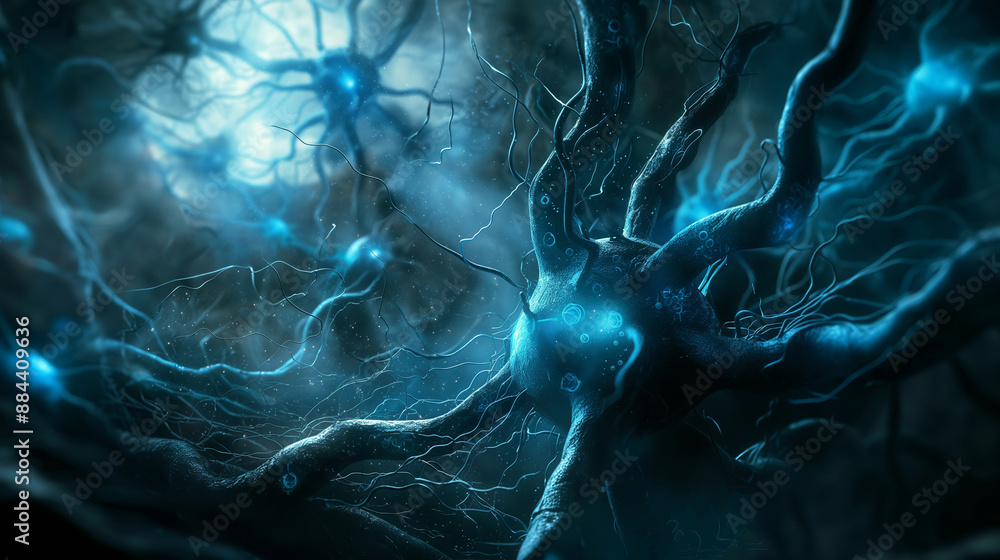 Aufkleber an artistic rendering of neurons with glowing blue synapses against a dark background.