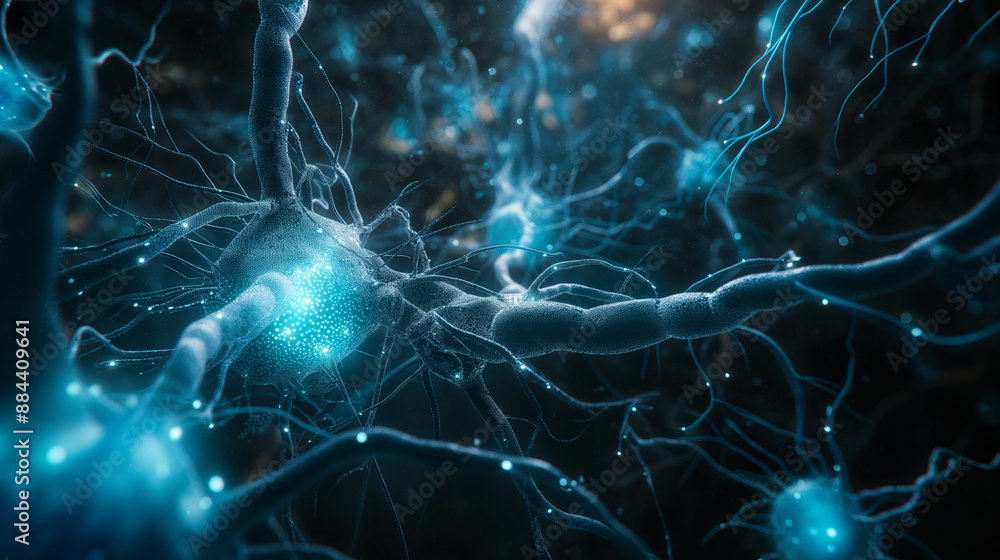Poster an artistic rendering of neurons with glowing blue synapses against a dark background.