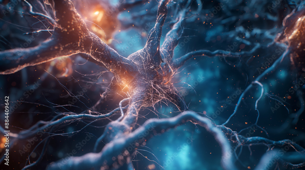 Poster an artistic rendering of neurons with glowing blue synapses against a dark background.