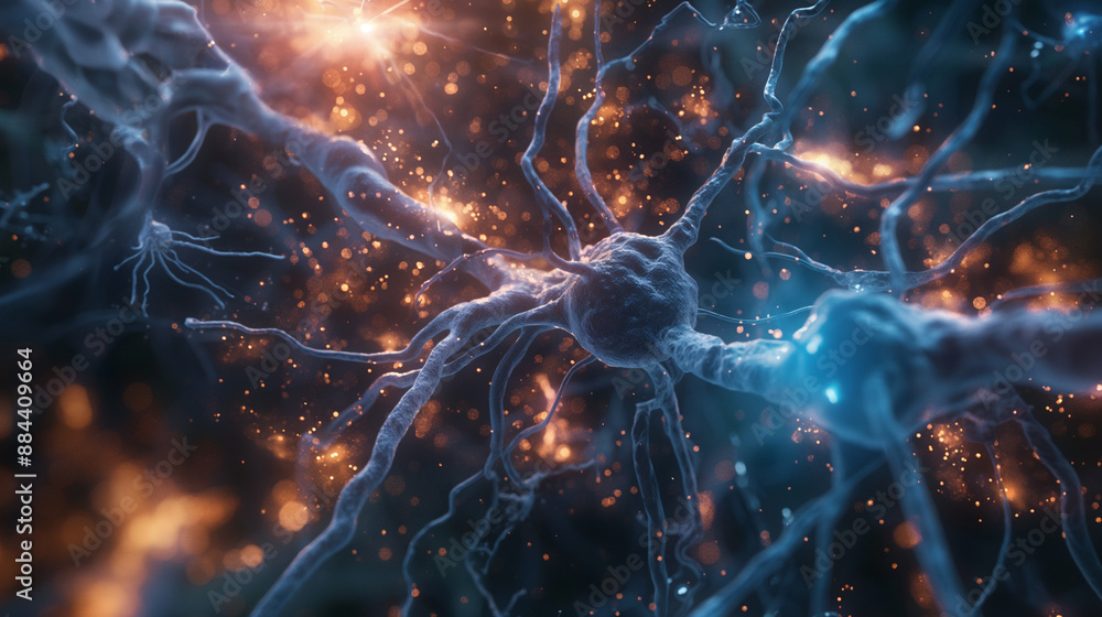 Poster an artistic rendering of neurons with glowing blue synapses against a dark background.