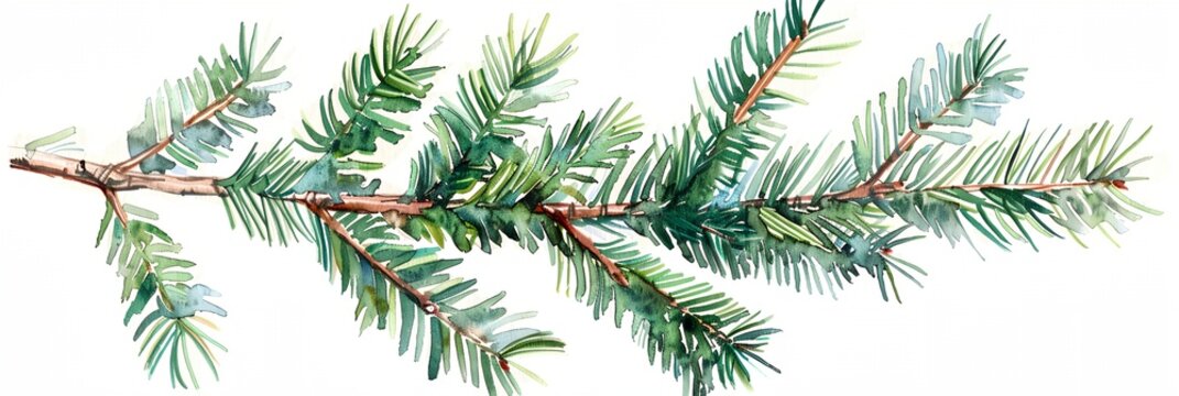 Watercolor painting of fir tree branch with green needles. The painting has a serene and calming mood, with the blue and green colors blending together to create a peaceful atmosphere