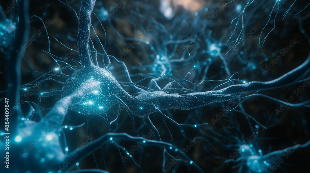 Poster an artistic rendering of neurons with glowing blue synapses against a dark background.