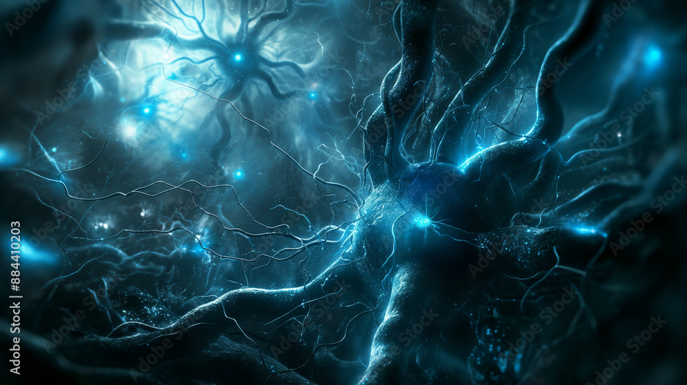 Poster an artistic rendering of neurons with glowing blue synapses against a dark background.