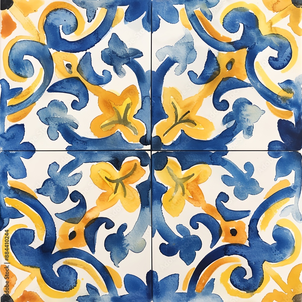 Aufkleber a blue and yellow tile pattern with a flower design. the tiles are arranged in a square and the flow