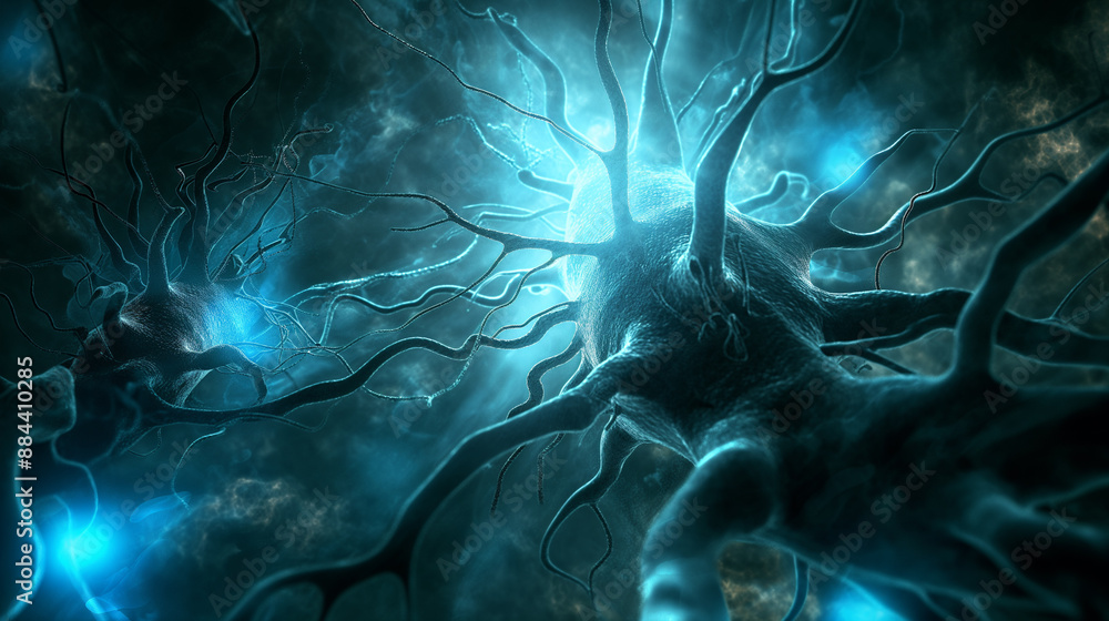 Poster an artistic rendering of neurons with glowing blue synapses against a dark background.
