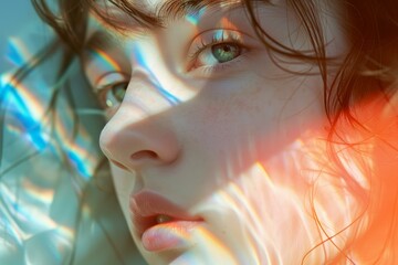 Closeup of a woman's face bathed in vibrant rainbow light, highlighting her delicate features