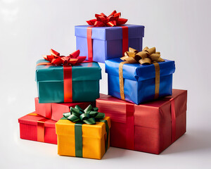 Obraz premium Colorful Wrapped Gift Boxes with Decorative Bows on White Background