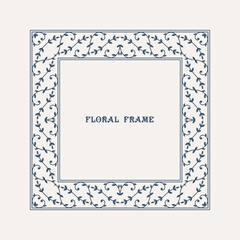 Retro square frame with traditional floral ornament. Filigree geometric design elements and ornamental page decoration