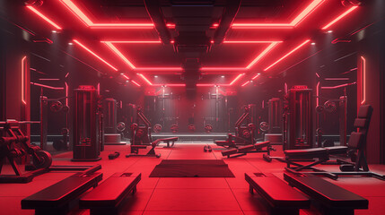 A high-tech gym interior illuminated with intense red lighting, showcasing various fitness...