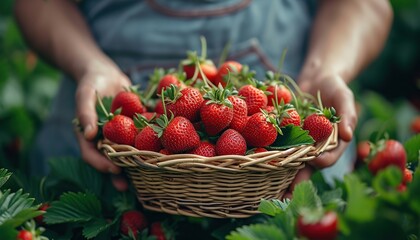 A man holds a ripe red strawberry in a basket