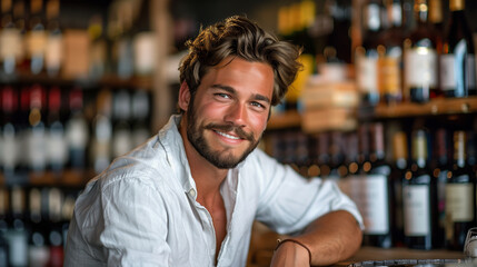Fototapeta premium The seller is a handsome man, 25 years old, in a craft modern wine store; dressed in a stylish white shirt 
