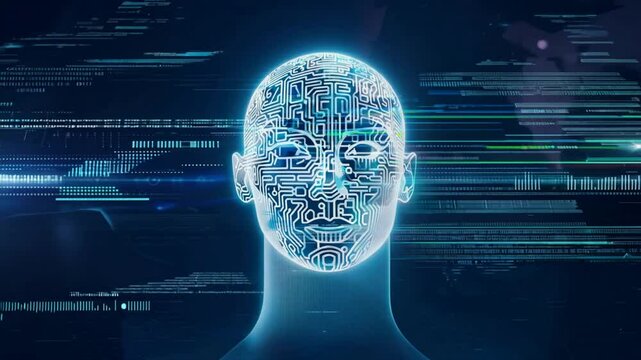 Global Brain: Illustration of a head with digital code background, representing technology and information interconnected across the world